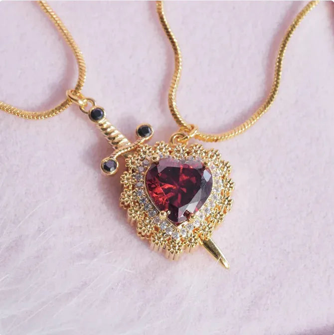 Gothic Punk One Arrow Through The Heart Creative Two Color Couple Necklace Red Rhinestone Heart Dagger Necklace Good Friend Gift Fashion Jewelry